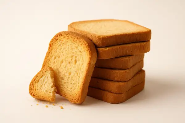 Una pila di fette biscottate dorate, alcune spezzate. Si dice che le fette biscottate facciano male, ma sono così invitanti.