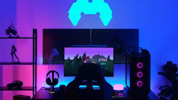 A gamer's setup with RGB lighting, where RGB stands for Red, Green, and Blue, creating a vibrant atmosphere.