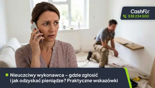 Zmartwiona kobieta rozmawia przez telefon, szukając informacji, gdzie można zgłosić nieuczciwego pracodawcę.