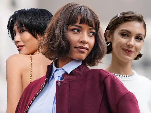 Drei Frauen mit stilvollen **Frisuren mit Bob**: eine mit schwarzem, eine mit braunem und eine mit blondem Bob.