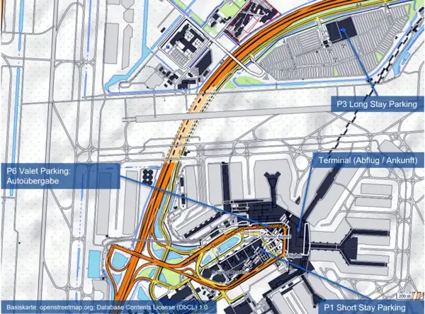 Karte von Schiphol Airport mit Parkplätzen und Terminal. Hier können Sie jemanden am Terminal (Abflug/Ankunft) abholen.