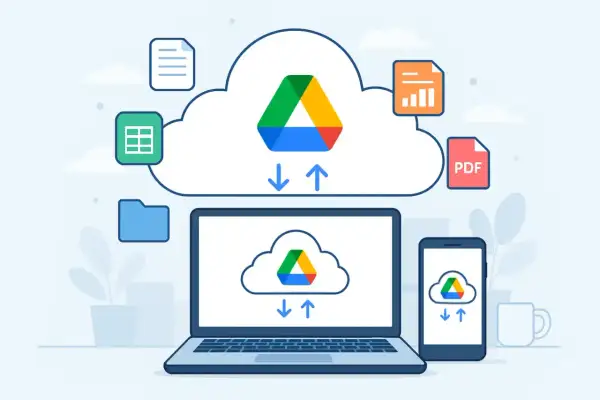 Chmura Google synchronizuje pliki między laptopem a telefonem. Ikony dokumentów, arkuszy i PDF unoszą się wokół.