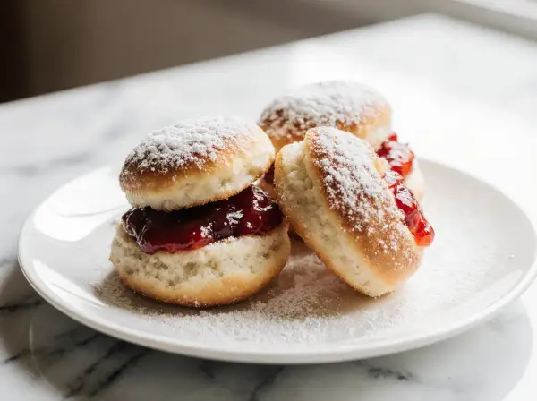 Lufterfrischte Berliner mit Marmelade, bestäubt mit Puderzucker, auf einem Teller.