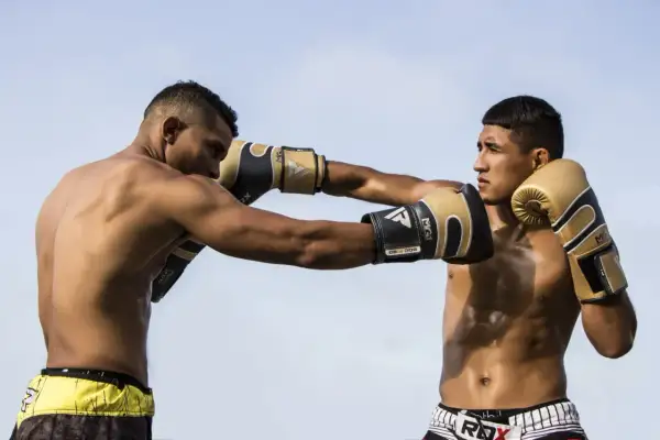 Two boxers face off, one throwing a punch while the other prepares to parry vs block.