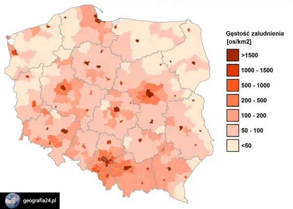 Mapa Polski z zaznaczoną gęstością zaludnienia. Najwięcej osób mieszka w okolicach dużych miast, tworząc gęste skupiska.