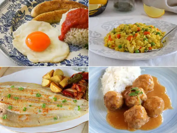 Cuatro platos deliciosos: huevo frito con arroz y plátano, arroz con pollo y verduras, pescado a la plancha con patatas y pimientos, y albóndigas con arroz. ¡Ideas geniales para recetas para niños!