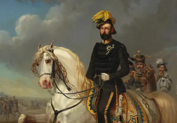En ståtlig man i militäruniform på vit häst, en del av en större scen som kan illustrera en del av svenska kungar tidslinje.