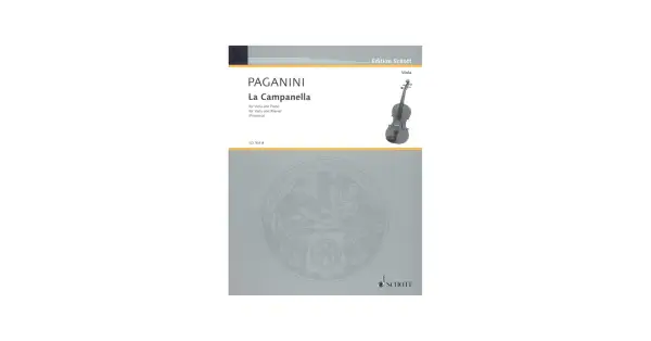 Okładka nut Paganiniego "La Campanella" na altówkę i fortepian, z ilustracją instrumentu.