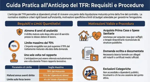 Guida pratica anticipo TFR: requisiti (8 anni anzianità, max 70%) e motivazioni (casa, salute). Richiesta anticipo TFR per difficoltà economiche.