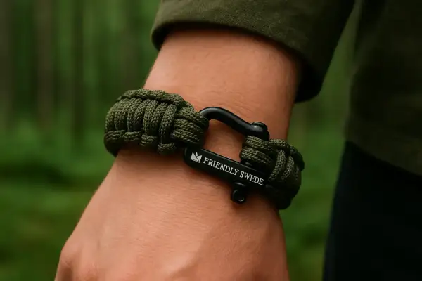Pulsera de paracord que es un accesorio de supervivencia y moda, con cierre de grillete negro y logo "FRIENDLY SWEDE".