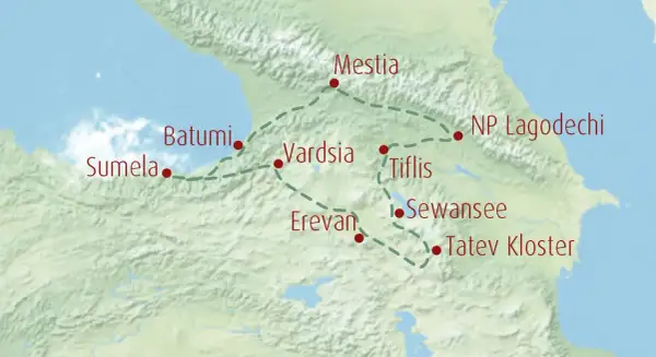 Eine Kaukasus Karte zeigt eine Reiseroute von Sumela über Batumi, Mestia, Vardsia, Tiflis, Sewansee, Tatev Kloster bis NP Lagodechi.