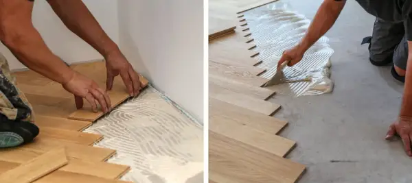 Pose de carrelage imitation parquet. Un artisan applique la colle pour un nouveau sol en bois.