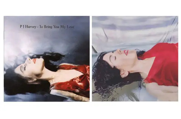 Portada album musica: PJ Harvey "To Bring You My Love", una mujer con cabello oscuro y vestido rojo flota en agua.
