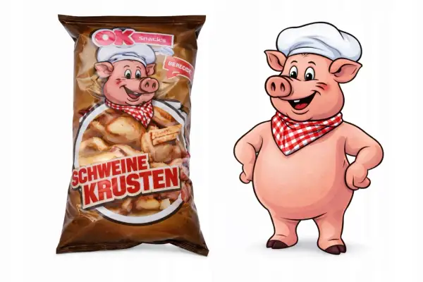 Chrupiące skórki wieprzowe, gdzie kupić? Opakowanie z wesołą świnką w czapce kucharskiej.