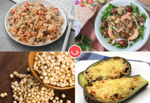 Cuatro imágenes de deliciosas recetas con quinoa: ensalada con camarones, berenjenas rellenas, quinoa con verduras y granos de quinoa.