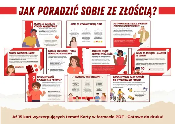 Ilustracja pokazuje, jak radzić sobie ze złością. Wskazówki obejmują: zajmowanie się czymś wymagającym koncentracji, ustalanie przyczyn złości, przypominanie sobie sytuacji, gdy udało się zachować spokój, pisanie dziennika emocji, głębokie oddychanie, ...