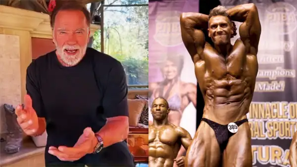 Arnold Schwarzenegger parle, à côté d'un bodybuilder musclé dont l'estomac est sculpté.