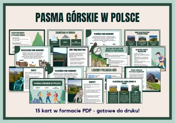 Wizualna prezentacja pasm górskich w Polsce, zawierająca informacje o Bieszczadach, Sudetach, Tatrach, Pieninach, Górach Świętokrzyskich, ich geologii, zagrożeniach, legendach i szlakach.