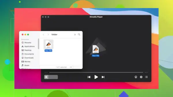 Elmedia Player shows a folder with a "Your File" video, ready to play a quicktime mp4.