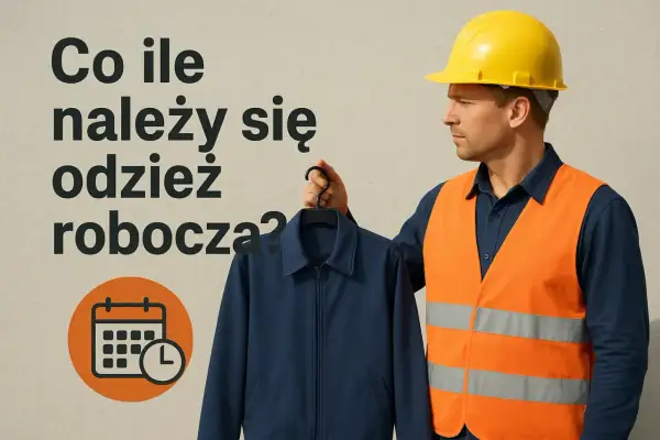 Budowlaniec z kaskiem i kamizelką odblaskową trzyma kurtkę roboczą. Obok kalendarz z zegarem, sugerujący pytanie: co ile należy się odzież robocza?