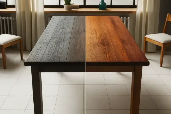 Table en bois divisée en deux : d'un côté sombre, de l'autre couleur naturelle. Un avant-après pour éclaircir le bois.
