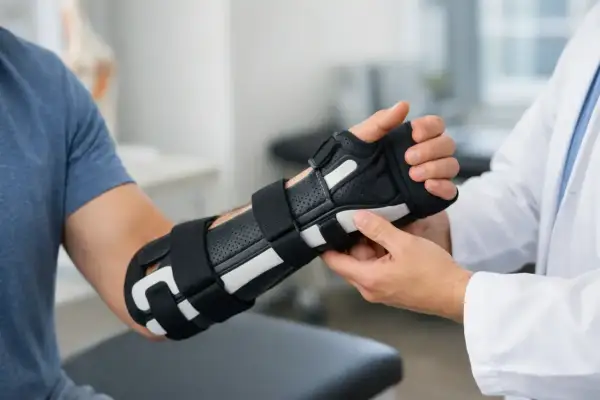 Un medico applica un'ortesi al polso di un paziente. Le ortesi sono dispositivi medici che supportano e stabilizzano parti del corpo.