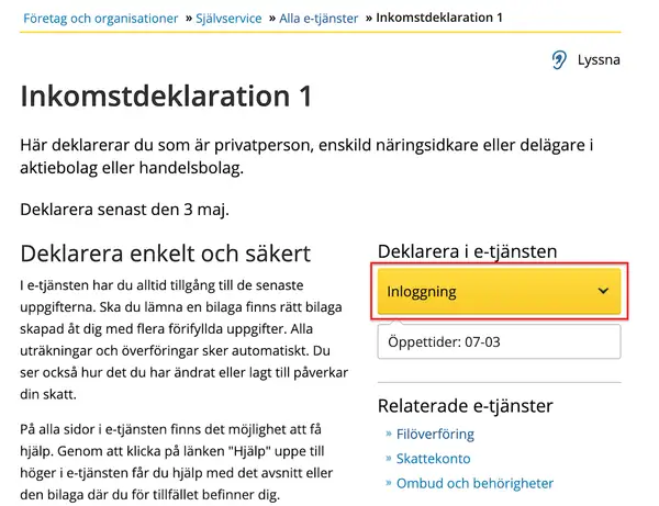 Här ser du hur deklarerar man sin inkomstdeklaration. Klicka på "Inloggning" för att komma igång.