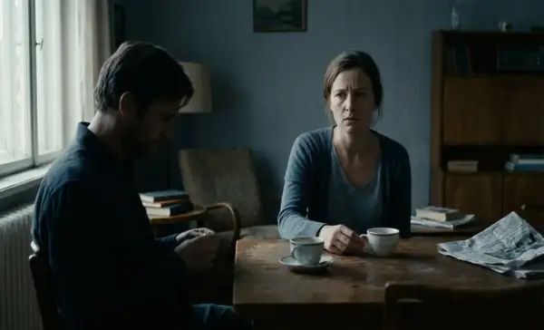 En kvinna och en man sitter vid ett bord med kaffe. Mannen tittar ner, kvinnan ser orolig ut. En känsla av triangulering och narcissism hänger i luften.