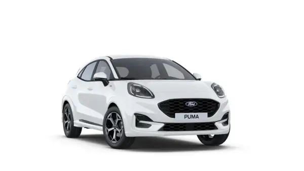 Vit Ford Puma Hybrid Automat, en modern SUV med sportig design.