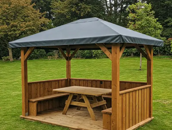Gazebo in legno fai da te con tavolo e panche, perfetto per godersi il giardino.