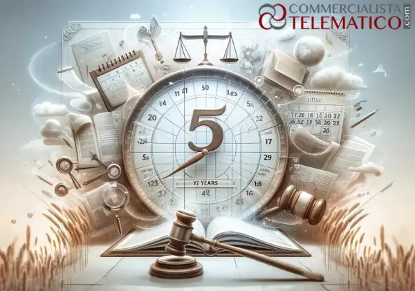 Orologio con numero 5, bilancia della giustizia, martelletto e documenti legali. Simboleggia la prescrizione accertamento vendita immobile e i tempi della giustizia.