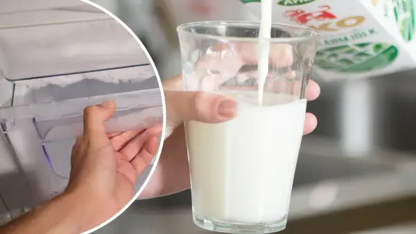En hand öppnar en frys med frost. Bredvid hälls filmjölk upp i ett glas.