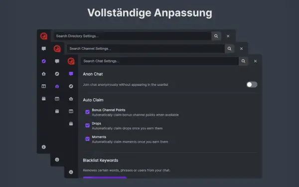 Einstellungen für ein besseres Twitch TV-Erlebnis: Anonym im Chat, Auto-Claim für Punkte, Drops & Momente, Blacklist.