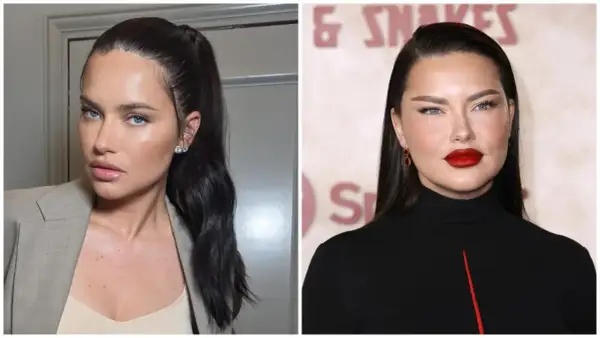 Adriana Lima, icónica modelo, luce radiante en dos estilos: uno con coleta alta y blazer, y otro con labios rojos intensos y pendientes de rubí, evocando su estilo de los 2000.
