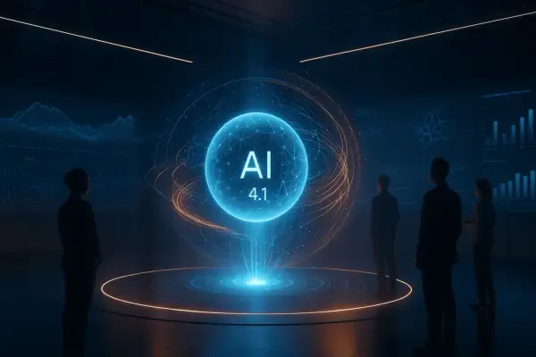 Ludzie patrzą na hologram AI 4.1, symbolizujący zaawansowaną sztuczną inteligencję. To jakbyśmy zobaczyli, co to jest grok w praktyce.