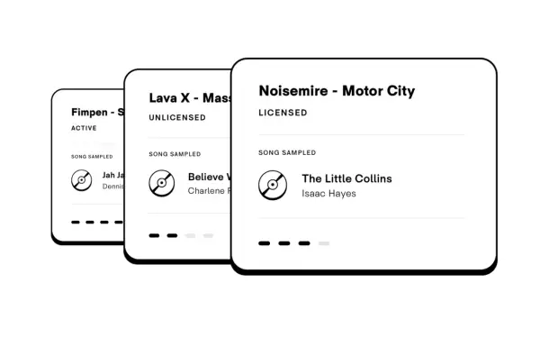 Three music cards show song titles and sampling status. One card, "Noisemire - Motor City," is licensed. Another, "Lava X - Mass," is unlicensed. The third, "Fimpen - S," is active. This visual helps understand how to clear a sample.