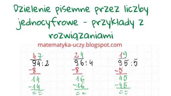 Pisemne dzielenie przez liczby jednocyfrowe - przykłady z rozwiązaniami. 94:2=47, 96:4=24, 95:5=19.
