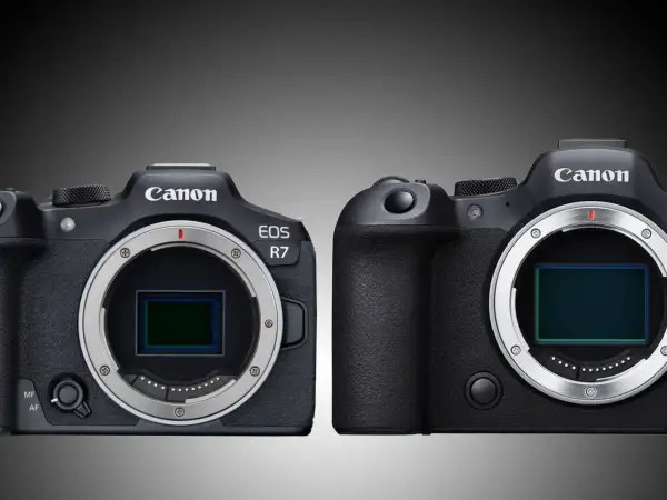 Due corpi macchina Canon EOS R7 e un altro modello Canon EOS a confronto, con sensori visibili.