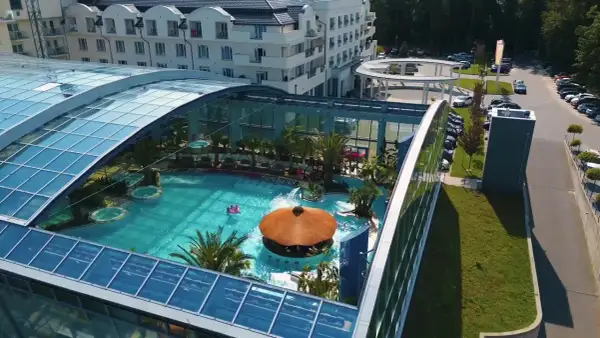 Relaks w basenie pod szklanym dachem w Kielcach Binkowski. Tropikalne rośliny, bar i jacuzzi tworzą wakacyjny klimat.