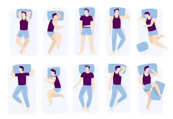 Illustrations of men in various sleeping positions. Some suggest the best sleeping position for heart palpitations involves side sleeping.