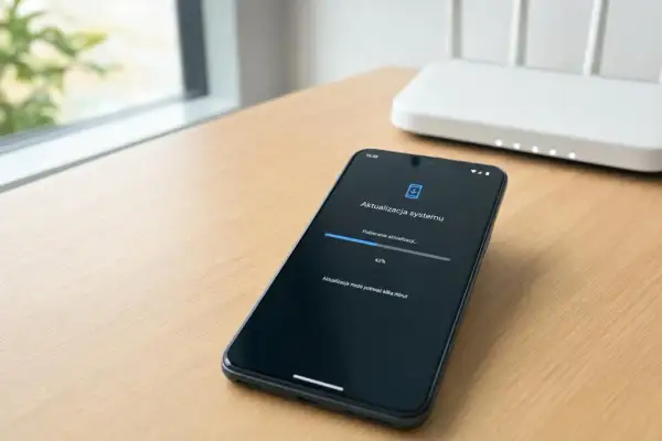 Telefon z ekranem pokazującym pobieranie aktualizacji systemu Android. Proces trwa, 42% pobrano.