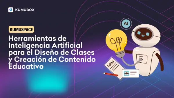 Un robot con una bombilla y un cuaderno de "Idea" representa la **ia educativa** para crear contenido.