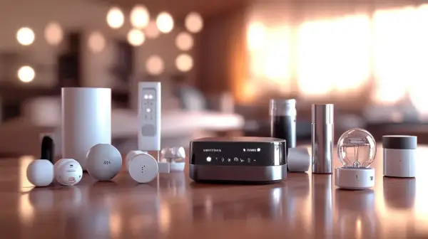 Le **SmartThings Hub** au centre, entouré de capteurs et d'une ampoule connectée, promet une maison intelligente simplifiée.
