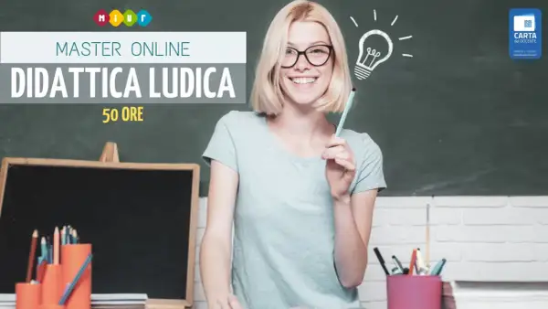 Giovane insegnante con lampadina disegnata, simbolo di creatività a scuola. Master online in Didattica Ludica.