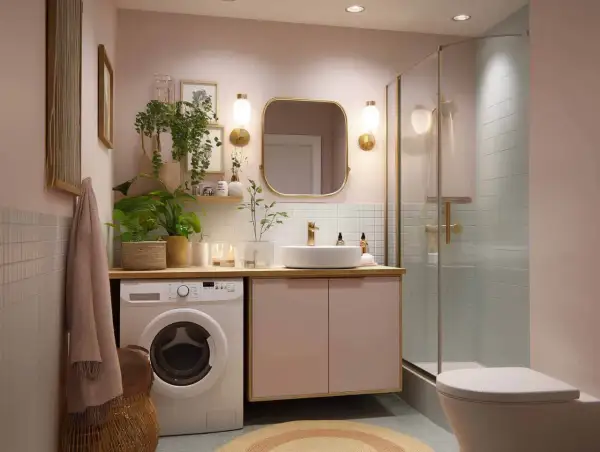 Ein helles Badezimmer mit Waschmaschine, Waschbecken, Spiegel und Dusche. Pflanzen und Dekoration sorgen für Ordnung im Badezimmer.