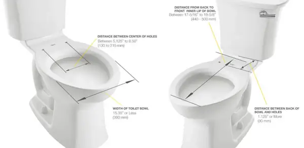 Diagram showing how to measure a toilet, detailing bowl width, distance between bolt holes, and distance from tank to bowl lip.