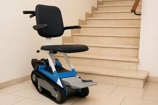 Un robot montascale blu e grigio, con sedile nero, pronto ad affrontare le scale di marmo.