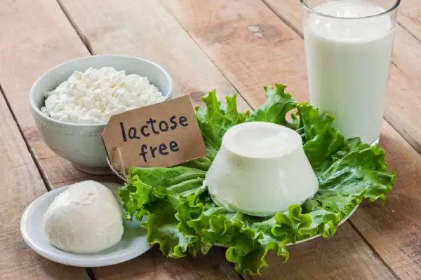 Serek wiejski, ser mozzarella, ser biały i szklanka mleka na sałacie. Etykieta "lactose free" wyjaśnia, że laktoza co to jest, nie stanowi problemu.