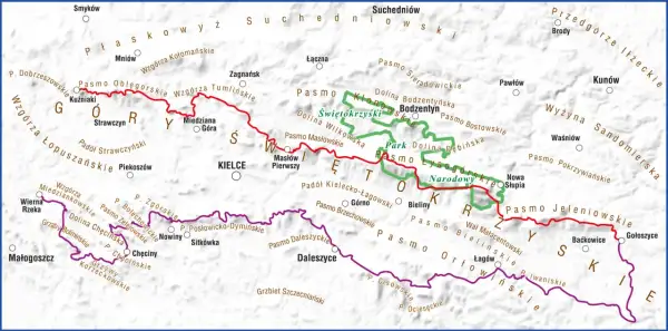 Mapa przedstawia przebieg Głównego Szlaku Świętokrzyskiego, z zaznaczonymi pasmami górskimi, dolinami i miejscowościami.