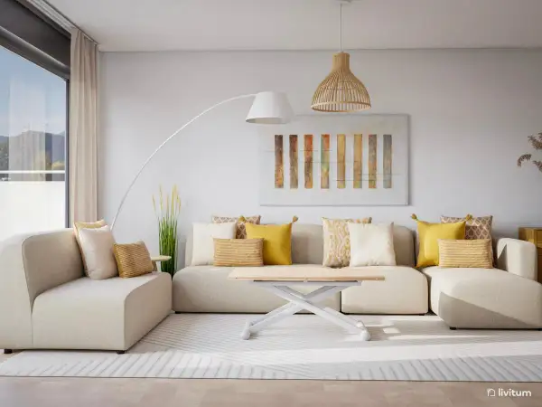 Sofá modular beige con cojines amarillos y blancos, mesa de centro blanca, lámpara de pie y cuadro abstracto. Un espacio acogedor sin ruido visual.